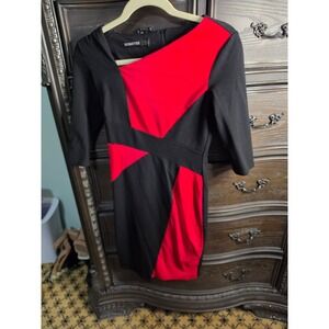 Homeyee Womens Red Black Colorblock Sheath Dress Asymmetric Neck 3/4 Sleeve Sz S